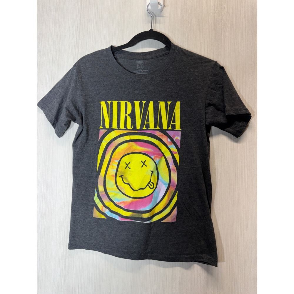 Nirvana Smiley Face Tie Dye Graphic T-Shirt Charcoal Gray Mens XS Short Sleeve